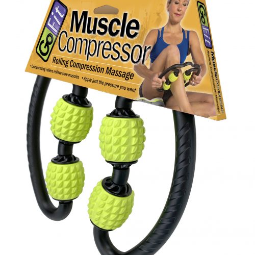 A muscle compression roller with two textured yellow massage balls, designed for deep tissue muscle relief.