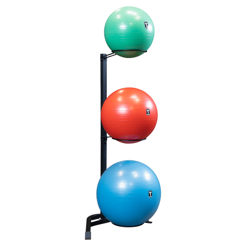 A vertical rack holds three stability balls in green, red, and blue, keeping them organized and accessible for workouts.