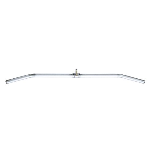 A long metal lat pulldown bar with a center attachment and angled ends for upper body strength training.