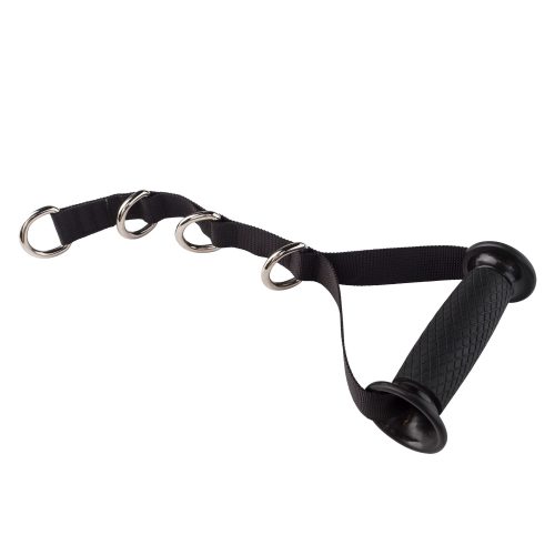 A black cable attachment handle with adjustable straps and rings for various strength training exercises.