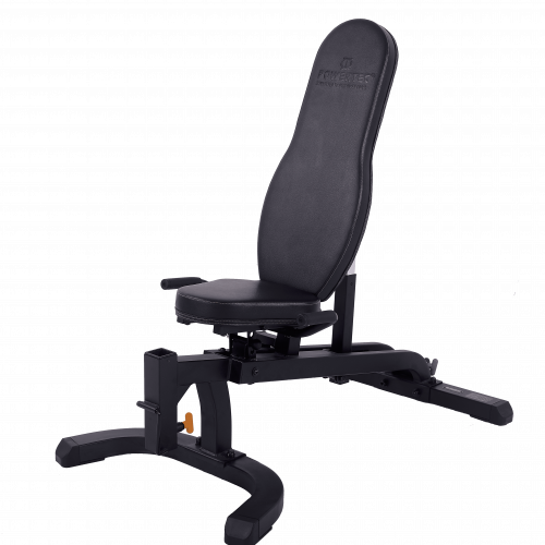 Powertec Workbench F.I.D. Utility Bench with back at 70° and seat in third slot.